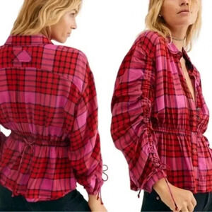 Free People pacific dawn red plaid button down shirt s